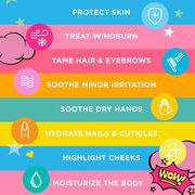 8 ways to use- protect skin, treat windburn, tame hair and eyebrows, soothe minor irritation, soothe dry hands, hydrate nails and cuticles, highlight cheeks, and moisturize the body